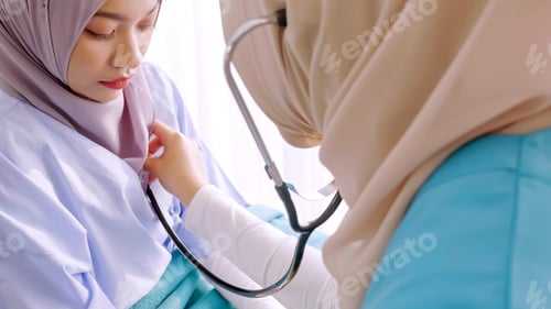 Preview: Muslim female doctor checking up patient's health at hospital room.