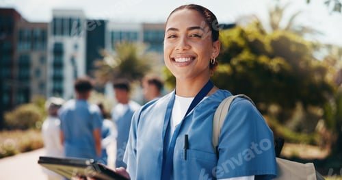 Preview: Happy woman, portrait and nurse with tablet for internship, med school or healthcare campaign at ca