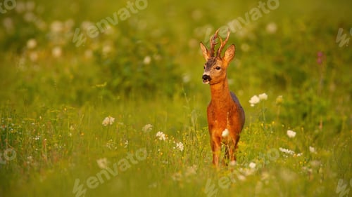 Preview: Roe deer buck in summer at sunset on meadow with flowers