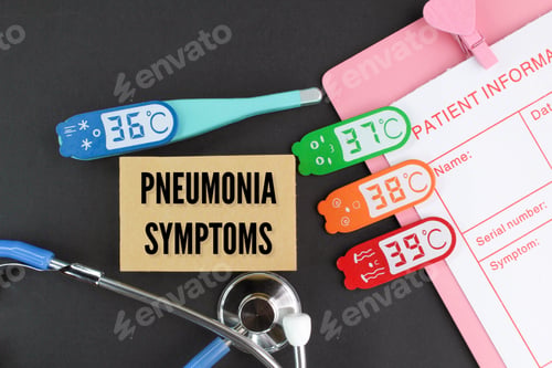 Preview: stethoscope and temperature with the word pneumonia symptoms. health and medical concepts