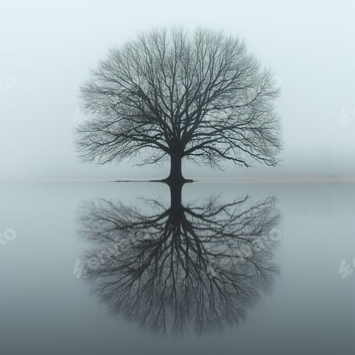 Preview: Solitary tree reflecting on a mist-covered lake