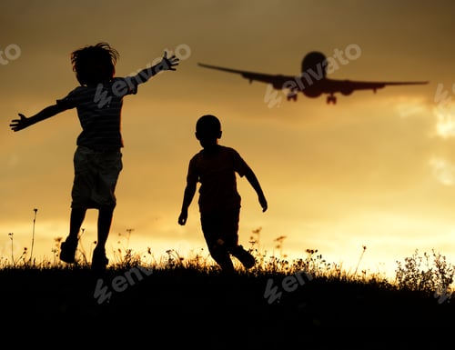 Preview: Active Two Kids Jumping While The Airplane Landing In Air