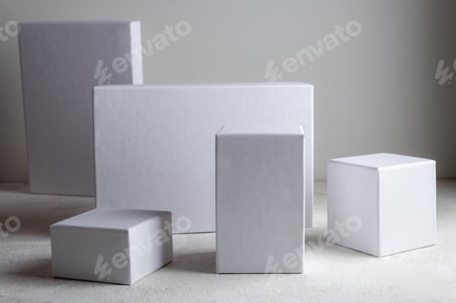 Preview: White empty stands on light background. Blank unbranded shopfront