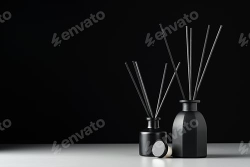 Preview: Two Black Reed Diffuser Bottles on White Surface Against Black Background