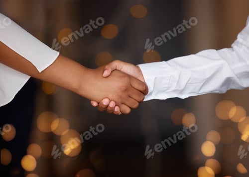 Preview: Partnership, deal and business people shaking hands in a office with a bokeh background. Welcome, g