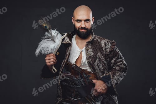 Preview: Pirate wearing vest and holding his hat against a textured dark background