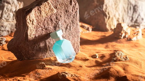 Preview: Sophisticated blue perfume on red sand dune at sunset.