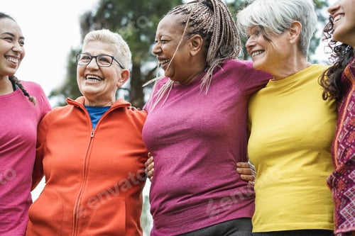 Preview: Happy multi generational women having fun hugging together after sport workout outdoor