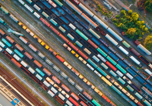 Preview: Top view of colorful cargo trains. Aerial view
