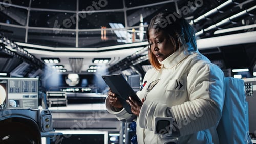 Preview: Astronaut in spacesuit checks human expansion in space mission data on tablet