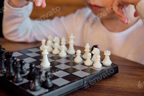Preview: portrait of a boy playing chess. Mind games for brain development. fascination with intelligence.