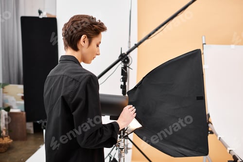 Preview: stunning young female photographer in casual clothing working with her equipment at studio