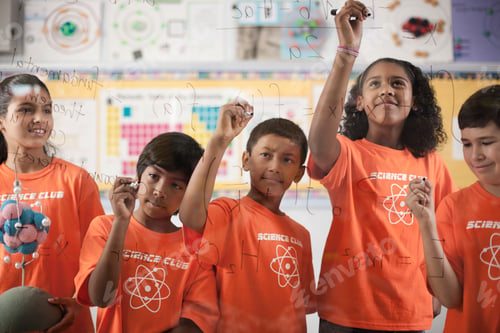 Preview: A group of girls and boys in the teeshirt of the Science Club in class