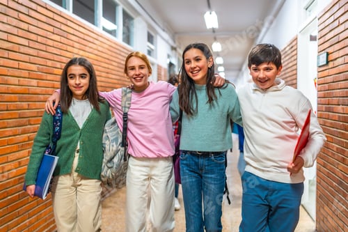 Preview: Happy students walking down school hallway together