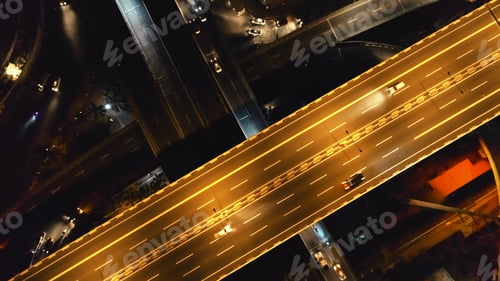 Preview: Closeup aerial top down: cars ride at night traffic road. Philippines cityscape, vehicles at highway
