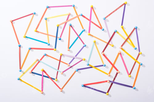 Preview: top view of multicolored abstract connected lines with pins, connection and communication concept