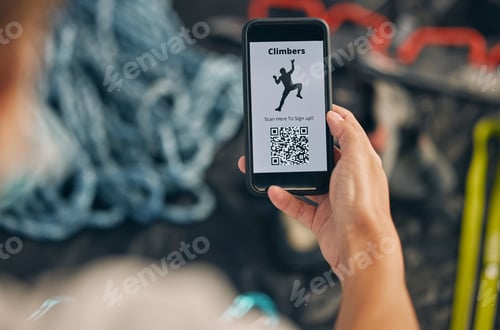 Preview: QR code phone, hand and climber signup on 5G internet for adventure hiking or trekking in nature. H