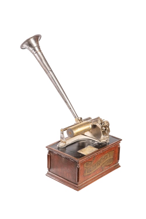 Preview: Old gramophone with plate or vinyl disk on wooden box isolated on white background.