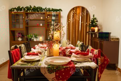 Preview: Empty traditional Christmas dinner table.