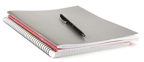 Preview: Notebook stack and pen. Schoolchild and student studies accessories. Back to school concept.