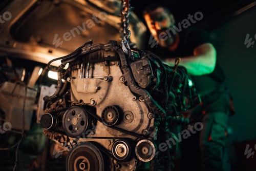 Preview: Auto mechanic installing engine into car's body in a well-lit workshop.
