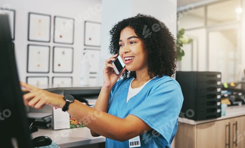 Preview: Phone call, nurse and black woman with computer in hospital for healthcare or telehealth. Medical,