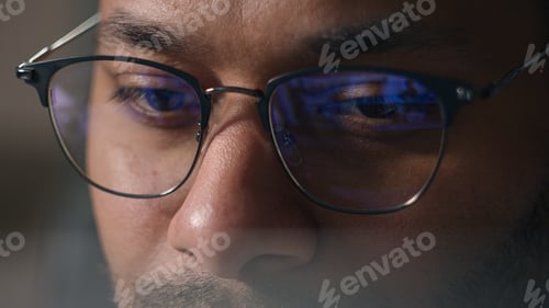 Preview: Close up businessman in eyeglasses working with computer data crypto analyzing cropped view male