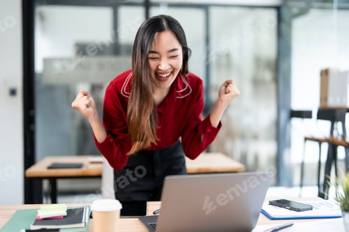 Preview: Happy excited young woman with laptop celebrating success