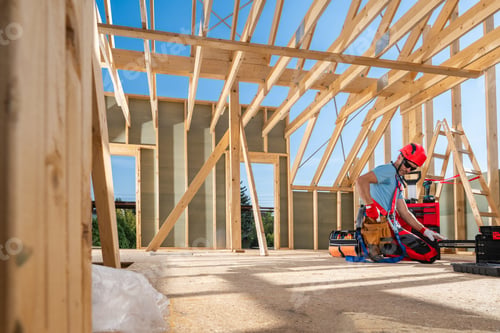 Preview: Construction Worker Securing Wooden Beams Inside a New Home Under Bright Blue Sky