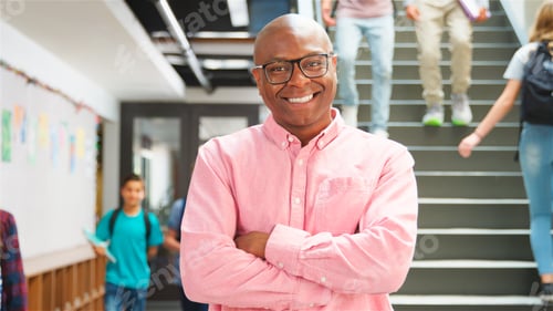Preview: Portrait Of Male High School Teacher Standing By Stairs In Busy College Building