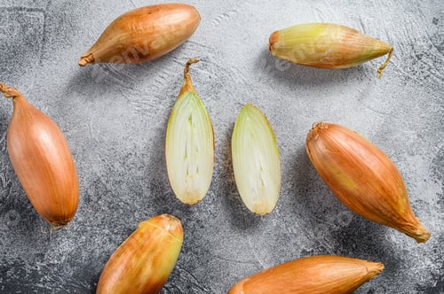 Preview: Raw Shallot onions, cut in two halves. Gray background. Top view