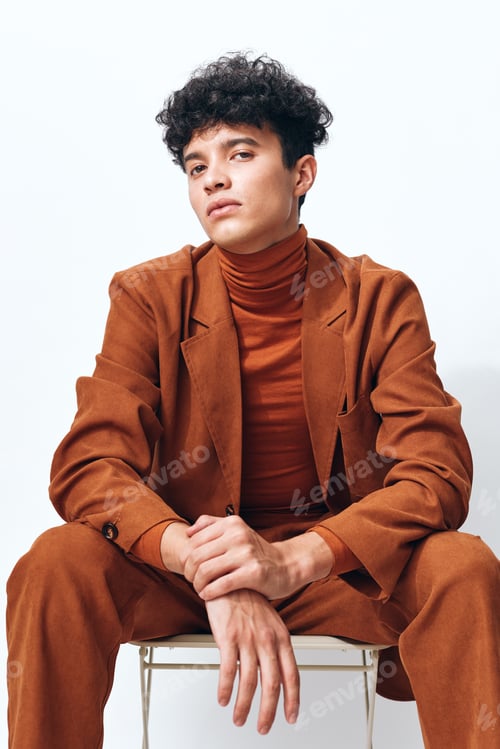 Preview: Man lifestyle beautiful student beige portrait head male sitting thoughtful hipster fashion trendy
