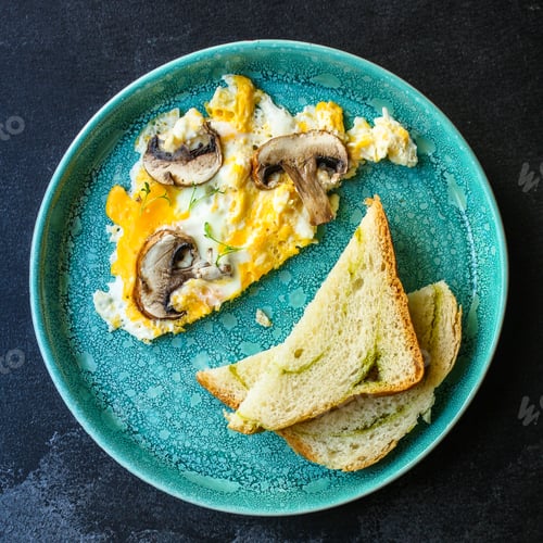 Preview: Scramble Fried Eggs Omelet Mushrooms Menu Concept Healthy Eating. Food Background Top View Copy