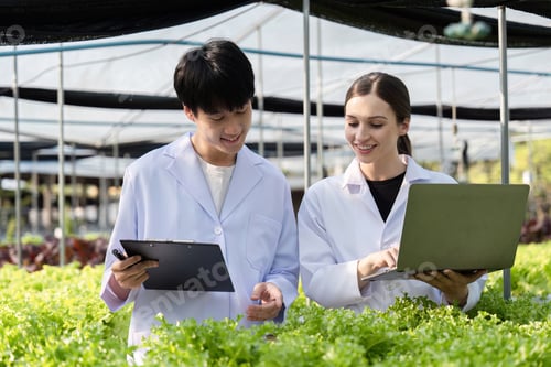Preview: Researchers Conducting Agricultural Research in a Modern Greenhouse with Advanced Technology and