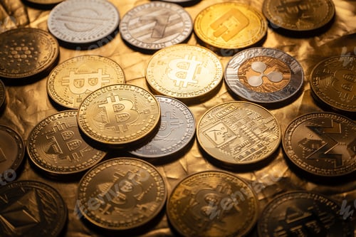Preview: Cryptocurrency coin and bitcoin on golden background