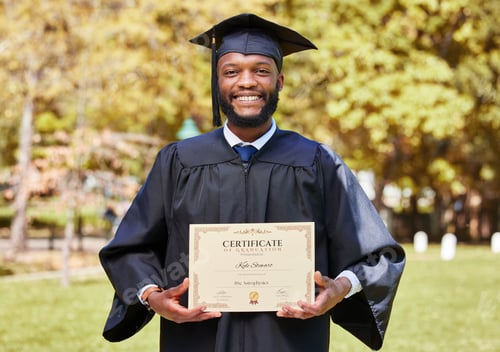 Preview: Certificate, black man and campus in portrait with smile with achievement or award for success. Man