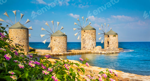 Preview: Greece island; Chios island historical windmill. Travel concept photo.