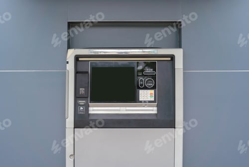 Preview: ATM drive through machine with blank screen at service station. Cash withdrawal with a card.