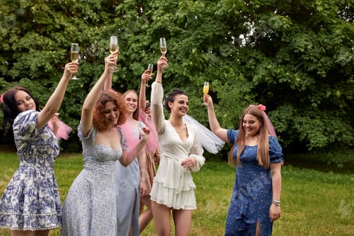 Preview: Happy charming bride in white dress with white veil and bridesmaids with pink veils raise champagne