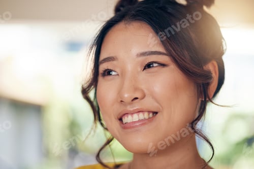 Preview: Thinking, smile and an Asian woman in a house to relax with an idea, comfort and peace. Morning, yo