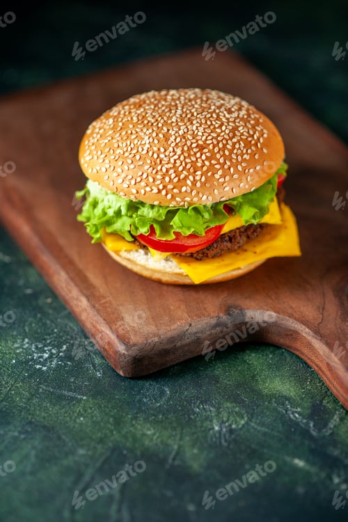 Preview: front view meat hamburger on dark background sandwich burger kfc fast-food french fries meal color
