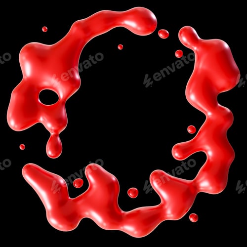 Preview: Vivid red blood splashes isolated on black background, dramatic and eerie Halloween design element.