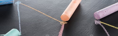 Preview: panoramic shot of colorful chalk on black surface with connected drawn lines, connection and