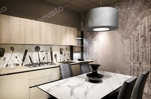 Preview: Modern fitted kitchen with decorative splash back