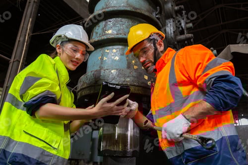 Preview: Two engineers in a steel mill Consult the size of the steel workpiece