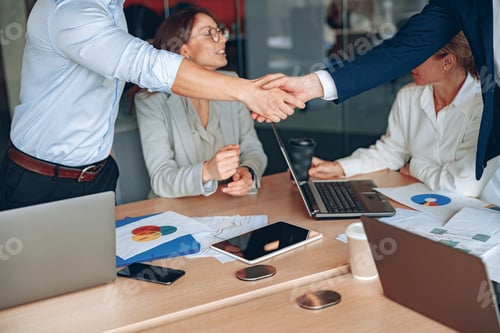 Preview: Business male partnership handshake. Photo handshaking process. Successful deal after meeting