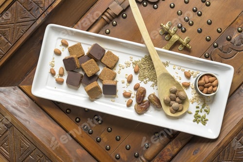 Vorschau: Aufnahme von oben auf verschiedene Arten von Muttern und quadratischen Muttern auf einer dekorativen Holzoberfläche