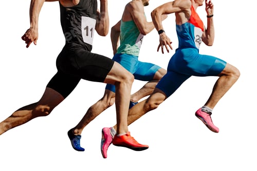 Preview: three male athletes sprinting on track, muscles taut, competing fiercely
