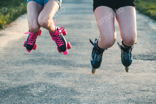 Preview: Teenagers girls having fun rollerskating, jumping, spending time outdoors