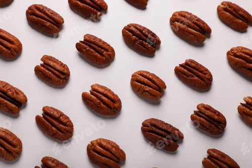 Preview: Delicious fresh pecan nuts on white background, flat lay